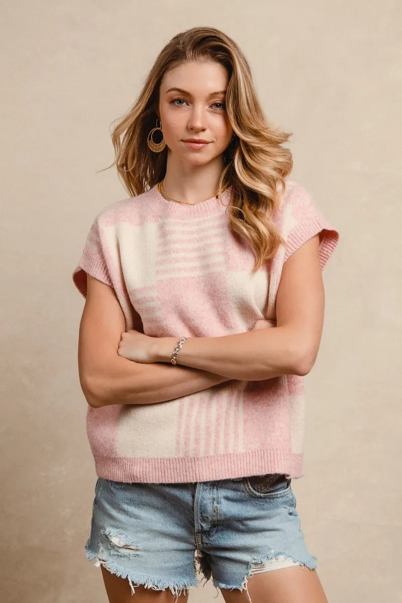 BiBi Checker With Stripes Pattern Sleeveless Sweater OutfitFlow