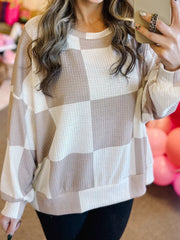 Checkered Breathable Textured Long Sleeve Top OutfitFlow