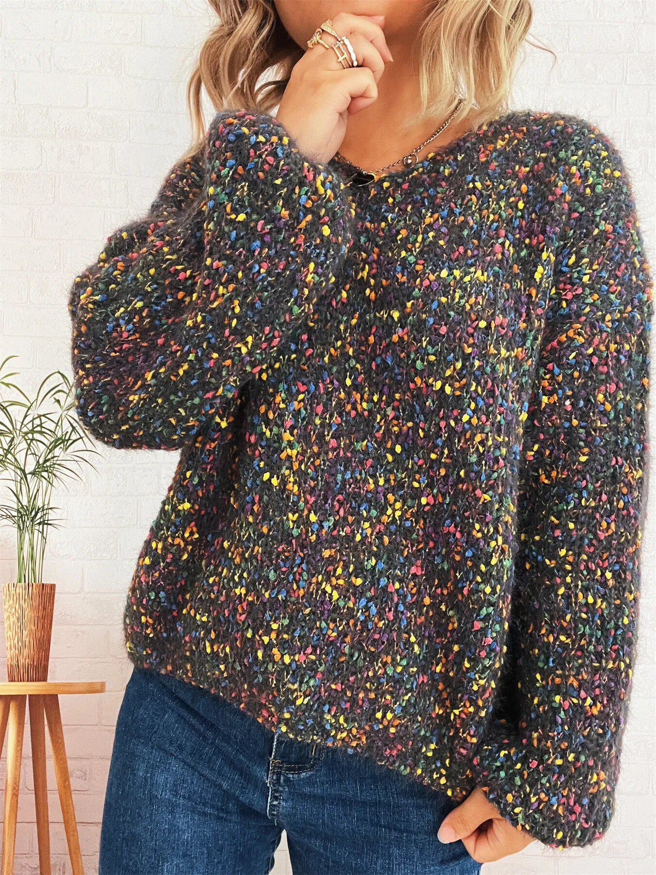 Colorful Long Sleeve Sweater Black One Size Trendsi
