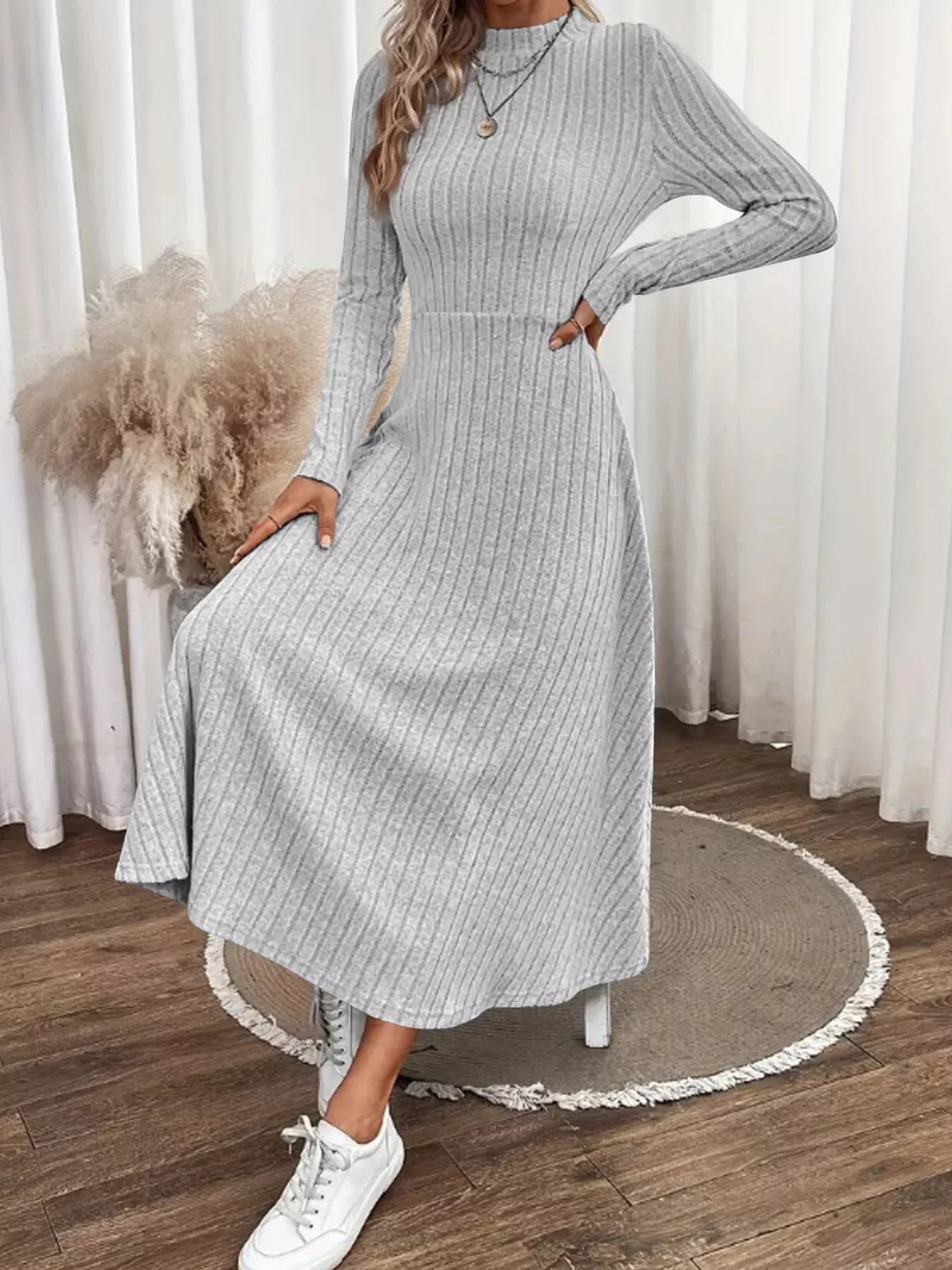 Ribbed Knit A-Line Midi Dress Trendsi