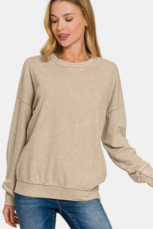 Outfit Flow -  Zenana Washed Round Neck Dropped Shoulder Sweatshirt