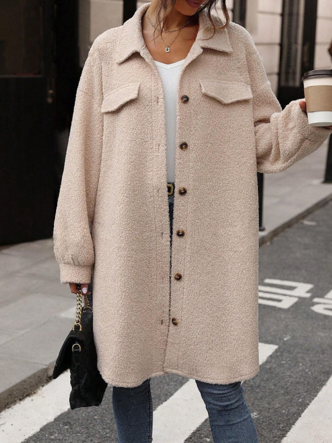 Outfit Flow - Button Up Drop Shoulder Sherpa Coat