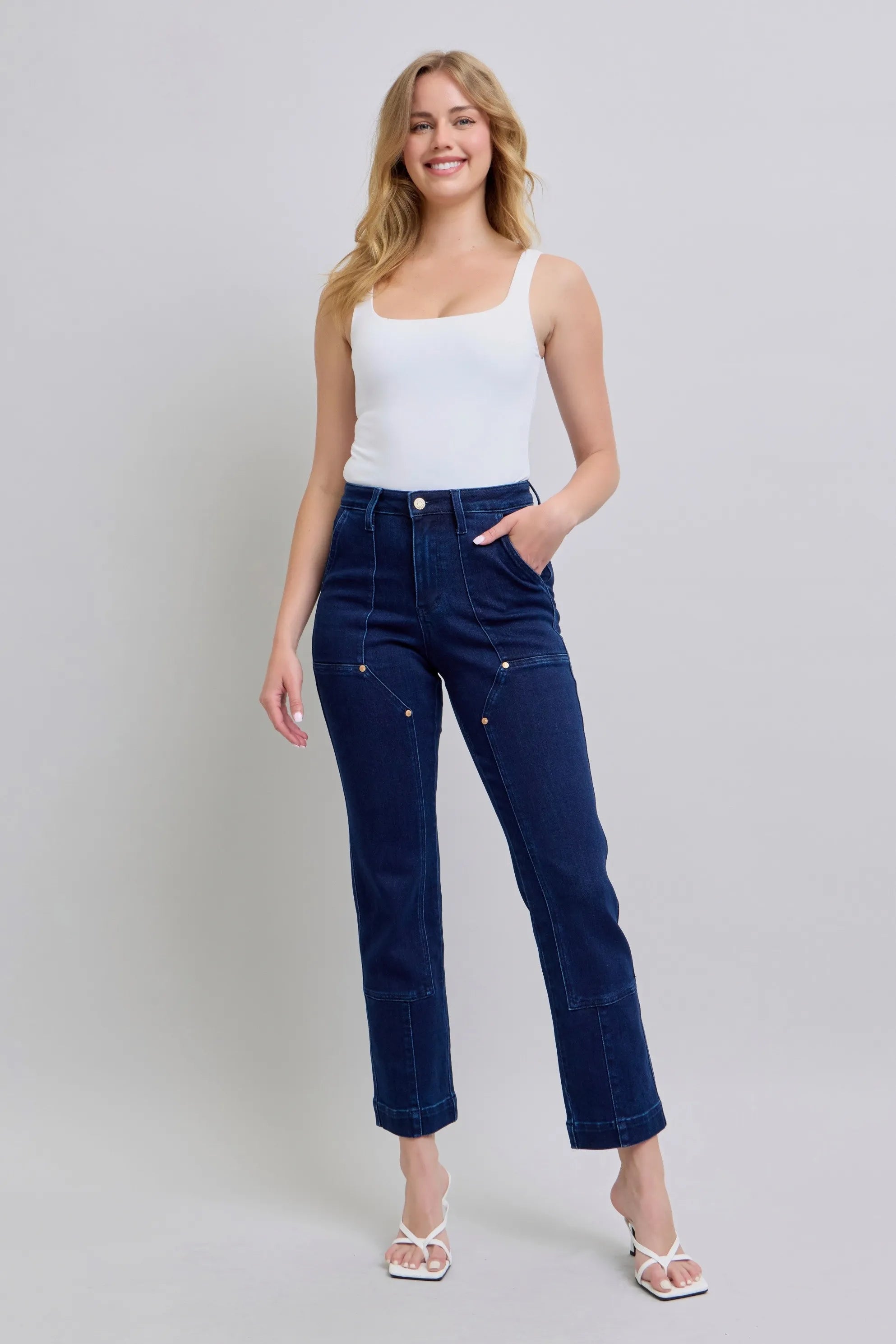 Judy Blue Full Size Hw Work Wear Knee Patch Straight Jeans Plus Size OutfitFlow