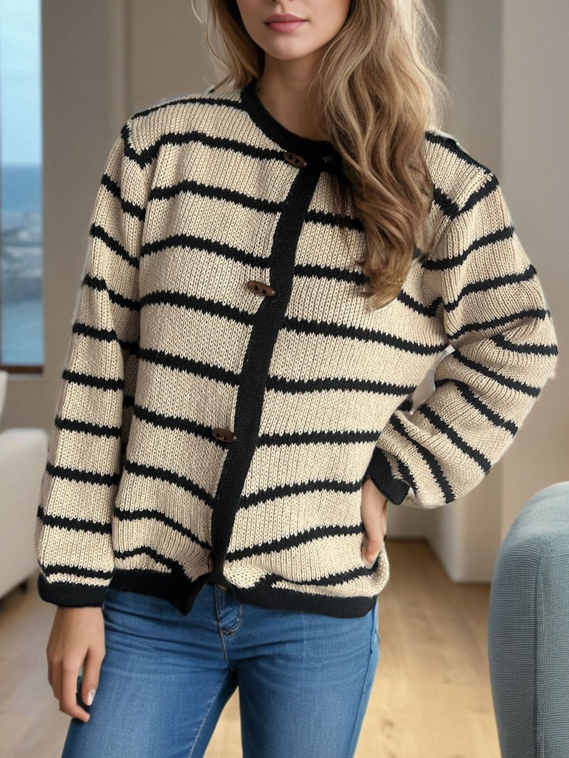 Outfit Flow - Striped Round Neck Long Sleeve Cardigan