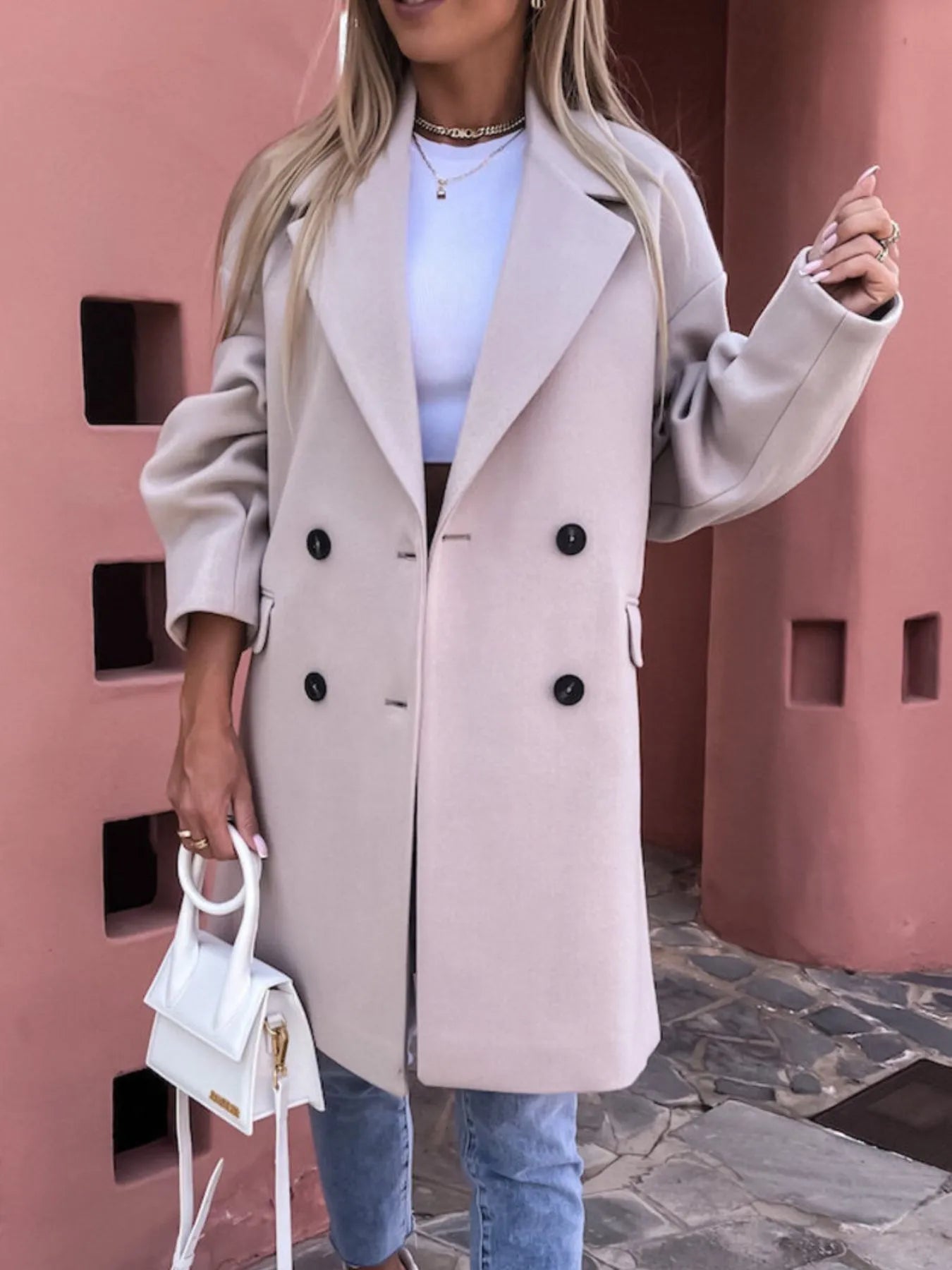 Full Size Double-Breasted Wool Coat Plus Size Apricot Trendsi
