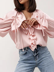 Ruffle Trim Satin Flounce Sleeve Blouse OutfitFlow