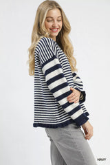 Umgee Ruffle Neck Stripe Sweater OutfitFlow