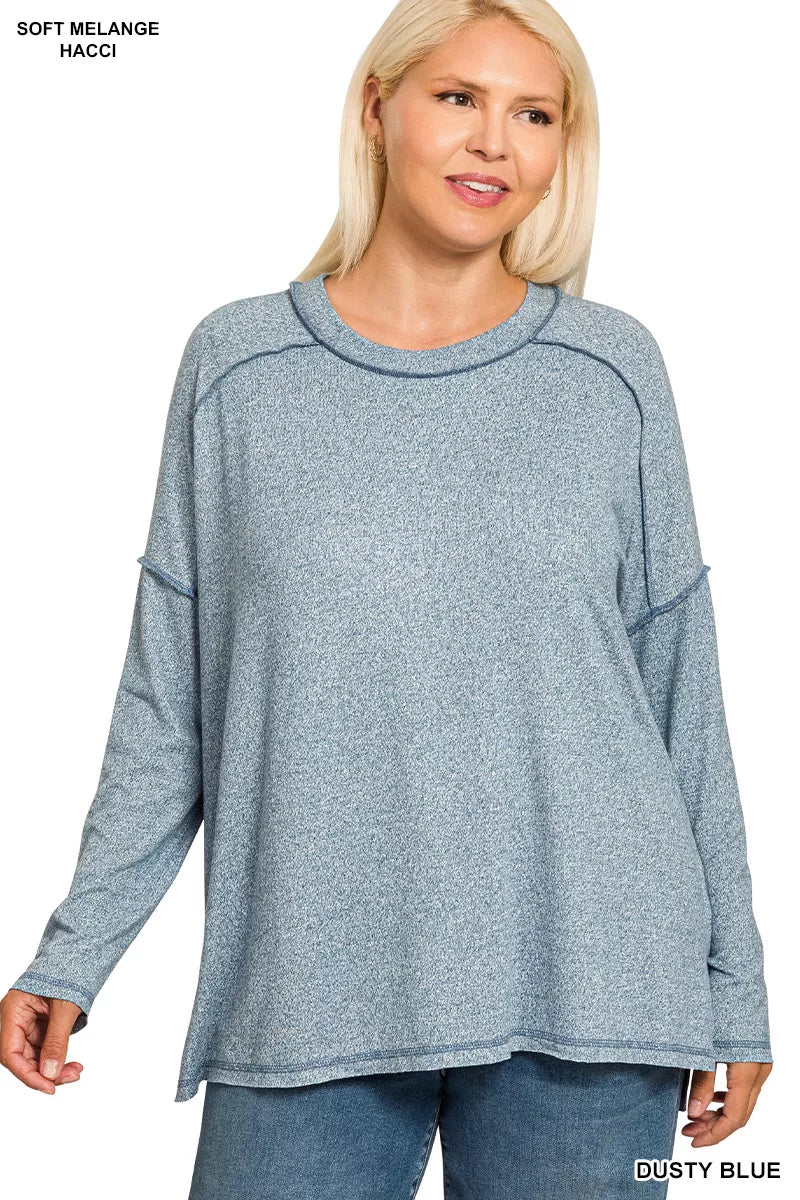 Zenana Full Size Melange Hacci Exposed Seam Hi-low Tee Plus Size OutfitFlow