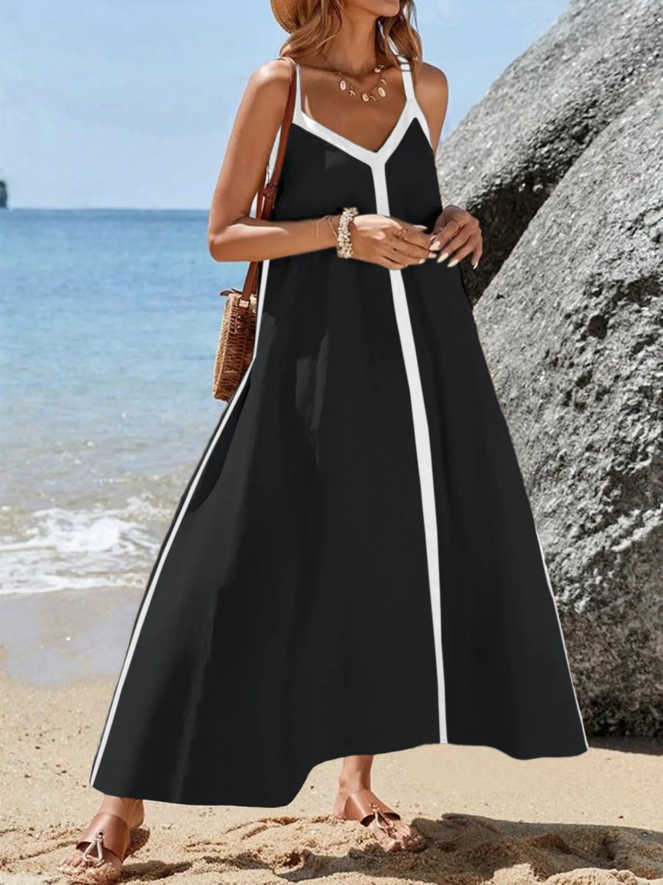 Contrast Trim V-Neck Maxi Dress Black OutfitFlow