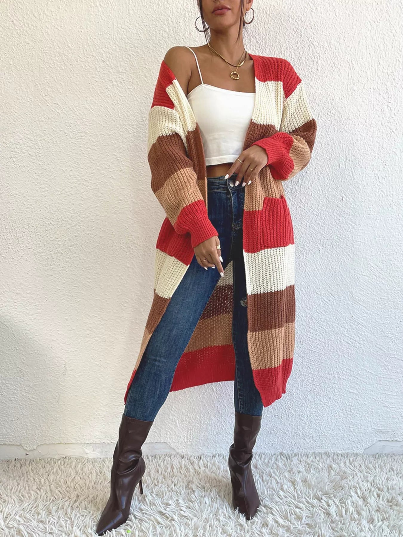 Striped Color Block Open Front Knit Cardigan Trendsi