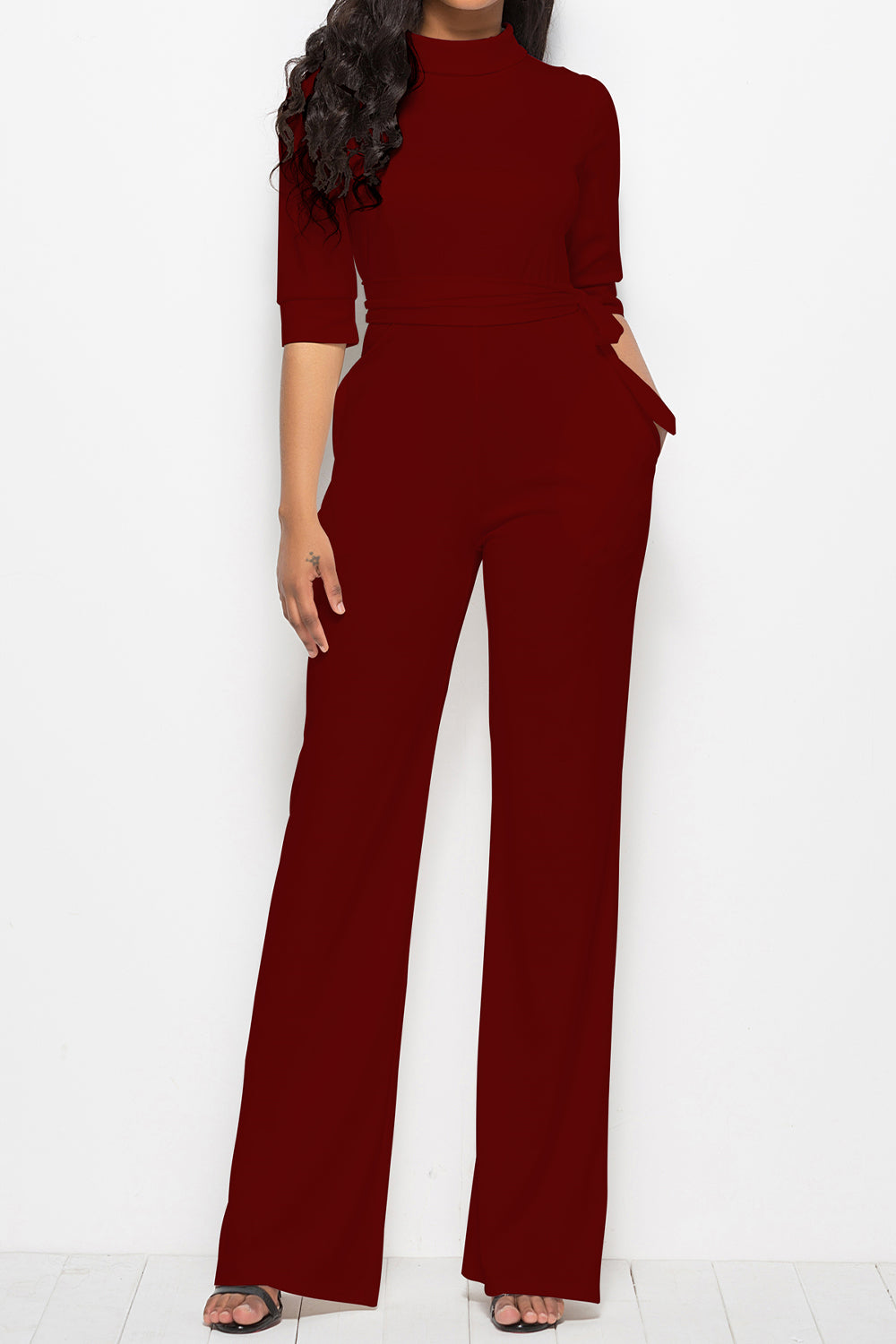 Outfit Flow - Mock Neck Tie-Waist Half Sleeve Jumpsuit