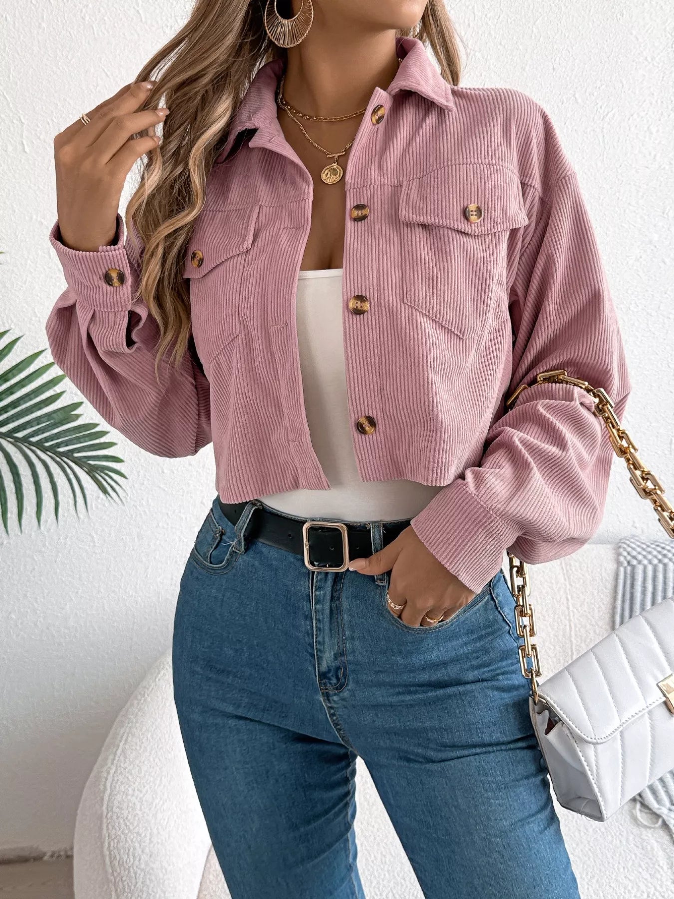 Corduroy Button-Up Dropped Shoulder Jacket Trendsi