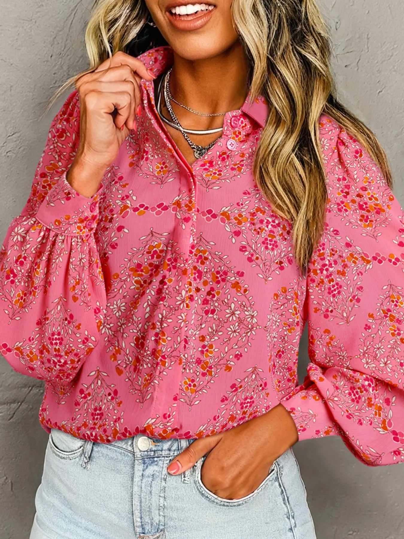 Floral Print Lantern Sleeve Loose Shirt Burnt Coral OutfitFlow