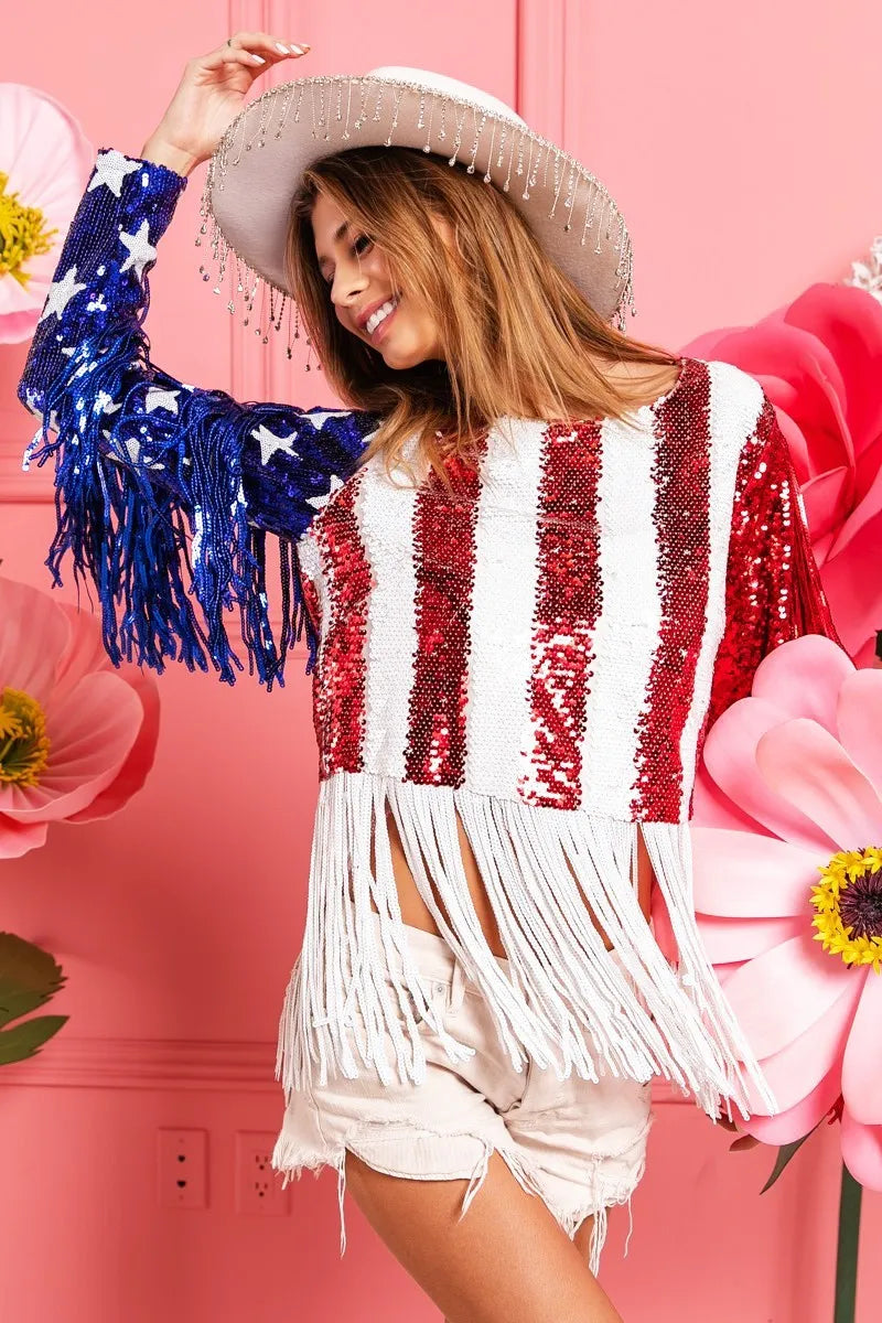 BiBi American Flag Theme Fringe Detailed Sequins Crop Top OutfitFlow