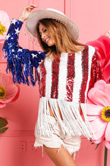 BiBi American Flag Theme Fringe Detailed Sequins Crop Top OutfitFlow
