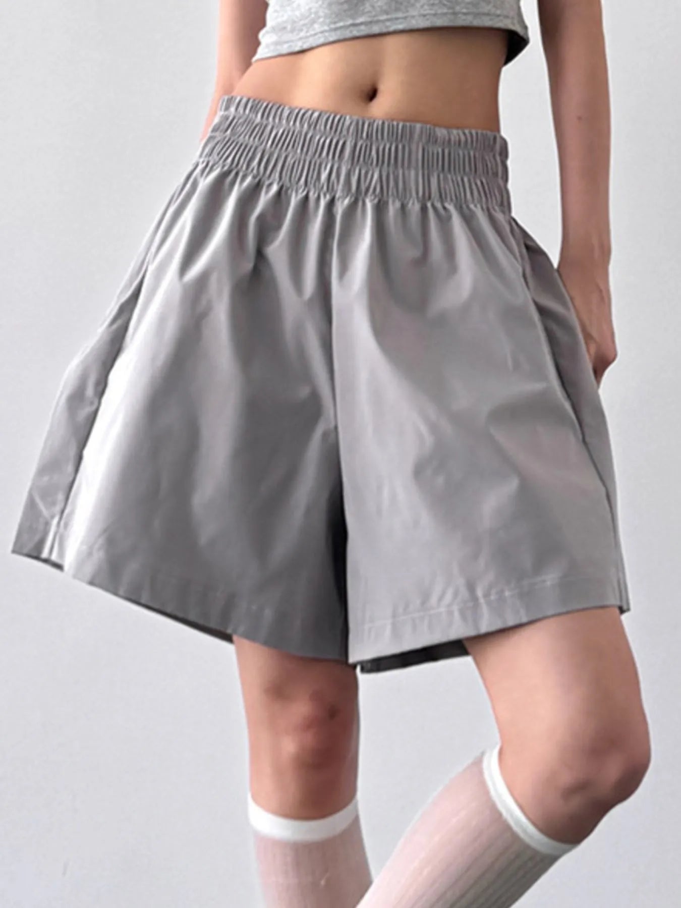 Smocked Wide-Leg Shorts Grey OutfitFlow