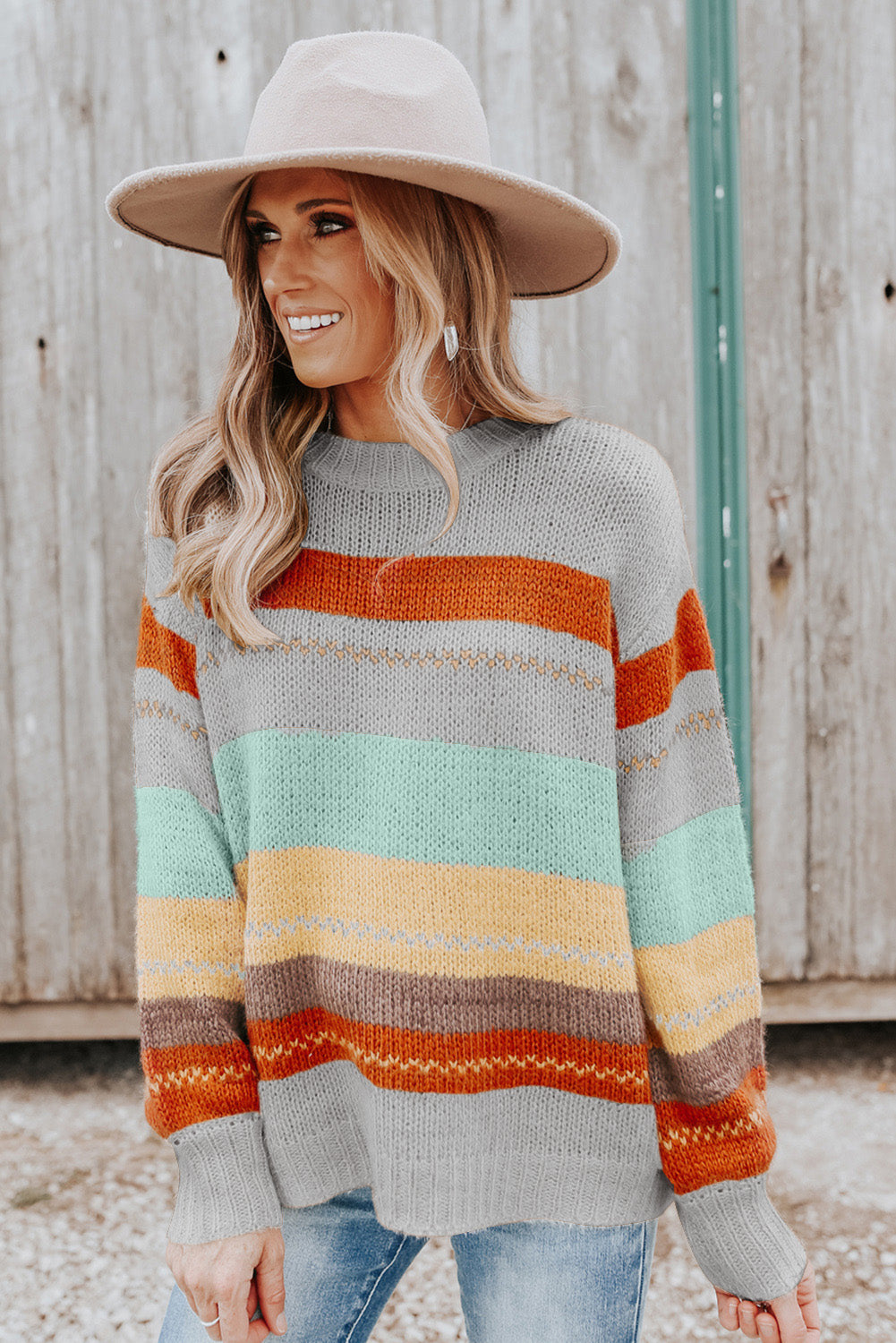 Outfit Flow - Color Block Round Neck Dropped Shoulder Sweater