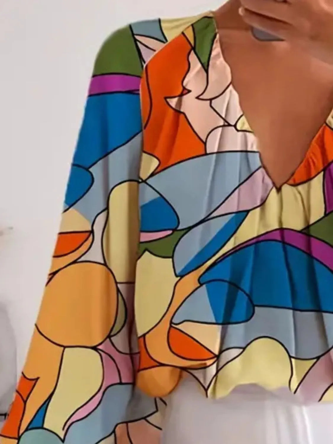 Printed V-Neck Long Sleeve Blouse OutfitFlow