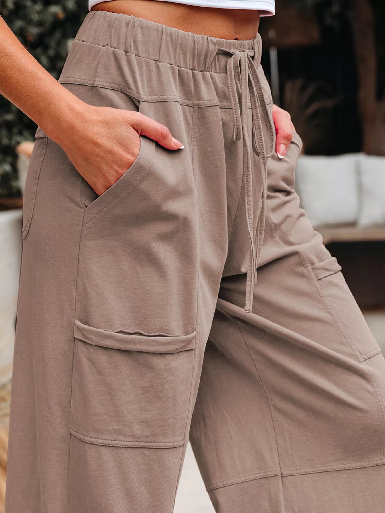 Mineral Wash Exposed Seam Drawstring Elastic Waistband Wide Leg Cargo Pants OutfitFlow