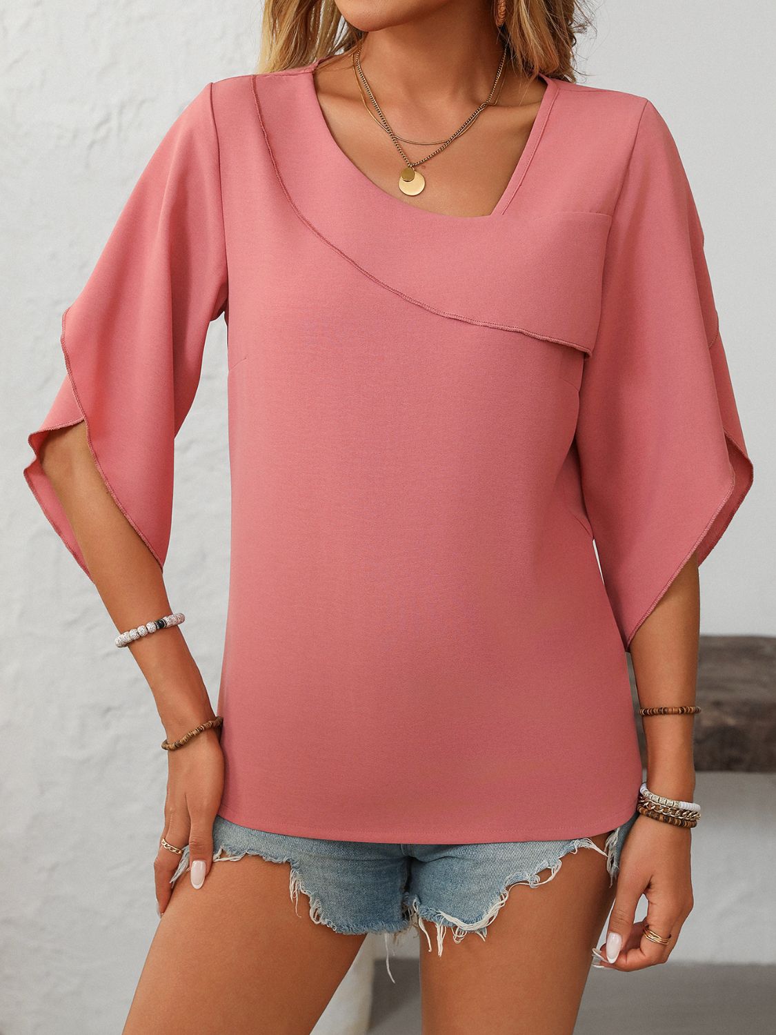 Mandy Ruffled Asymmetrical Neck Half Sleeve Blouse