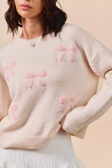 SO ME Embroidered Ribbon Round Neck Sweater OutfitFlow