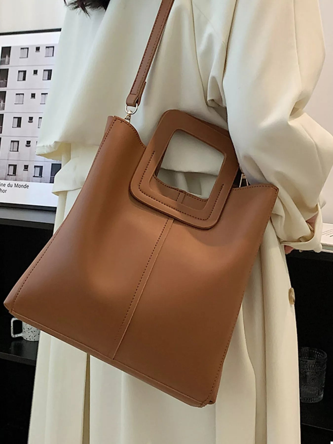 Square Handle PU Leather Crossbody Bag OutfitFlow
