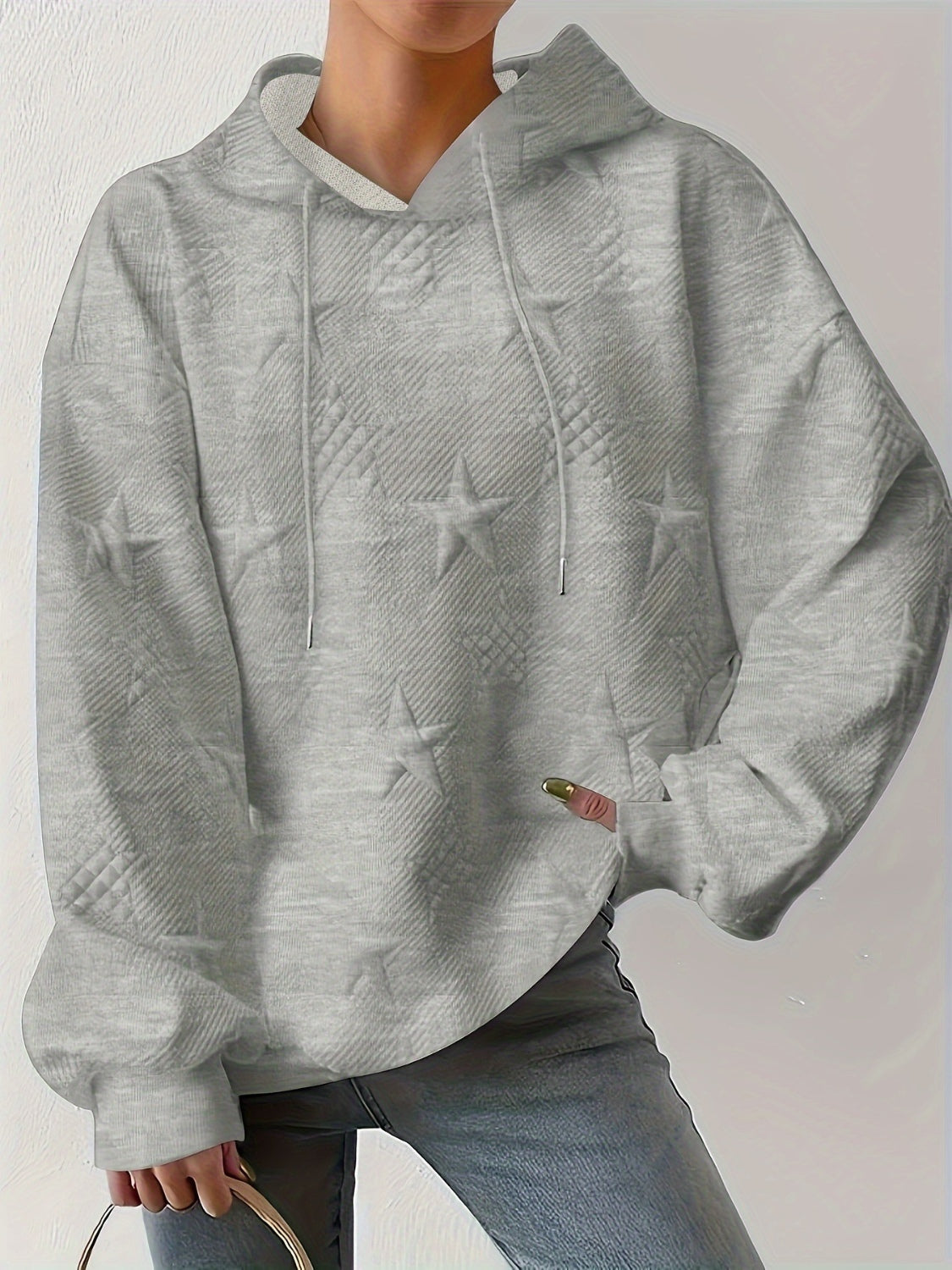 Outfit Flow - Plus Size Star Texture Long Sleeve Drawstring Hoodie