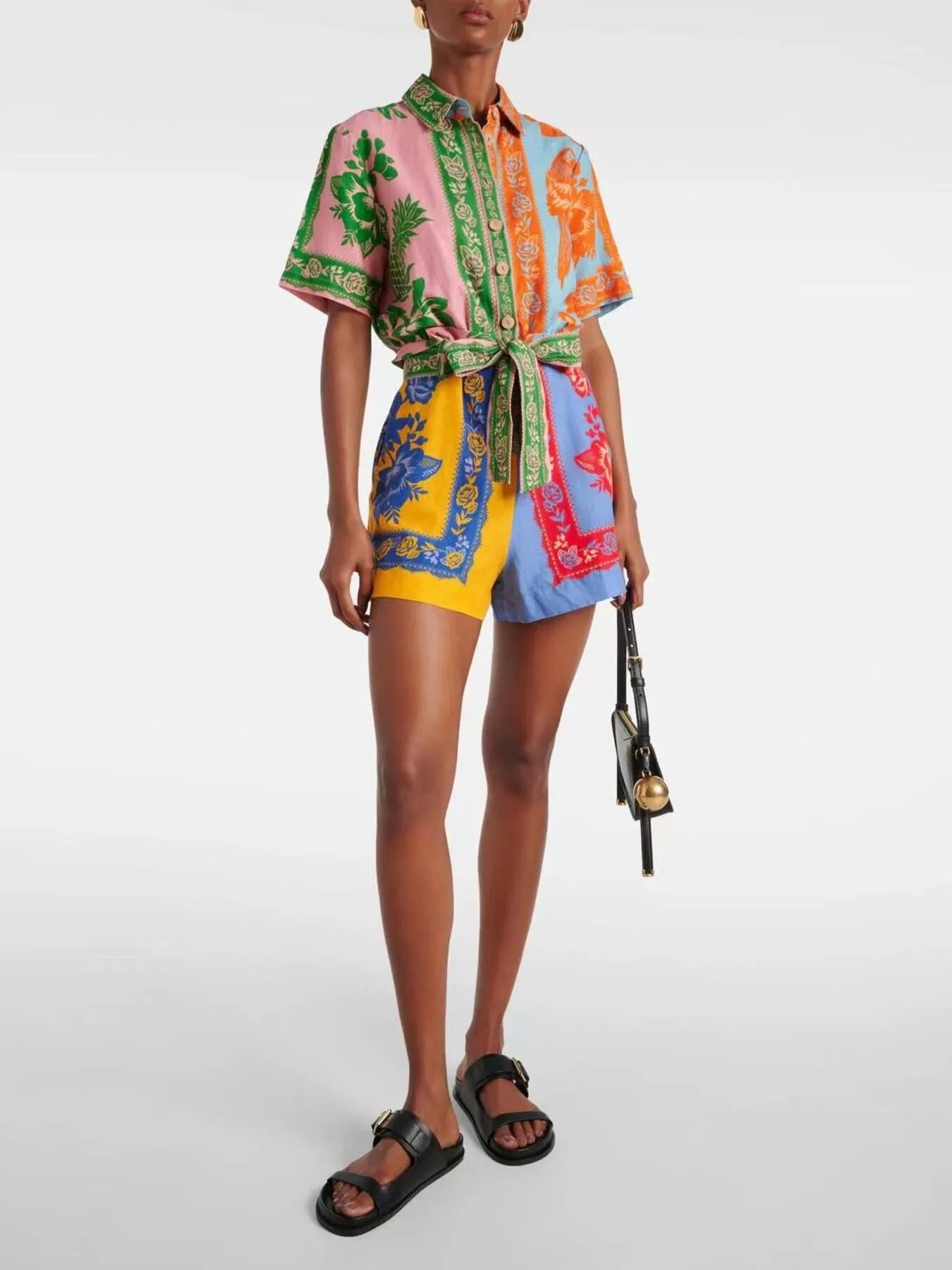 Printed Short Sleeve Tie Waist Romper OutfitFlow
