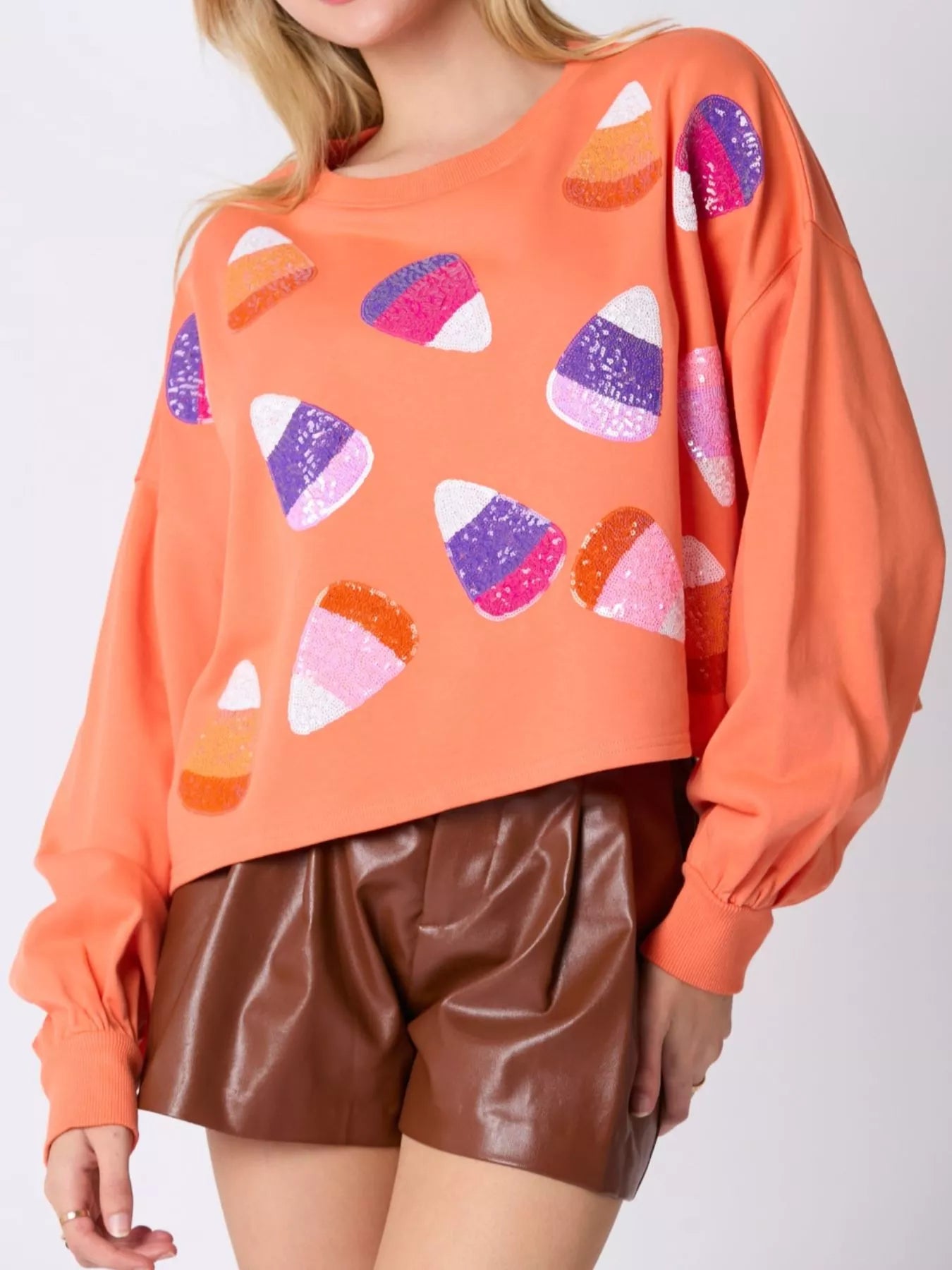 Halloween Candy Sequin Long-Sleeve Sweatshirt OutfitFlow