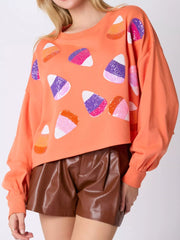 Halloween Candy Sequin Long-Sleeve Sweatshirt OutfitFlow