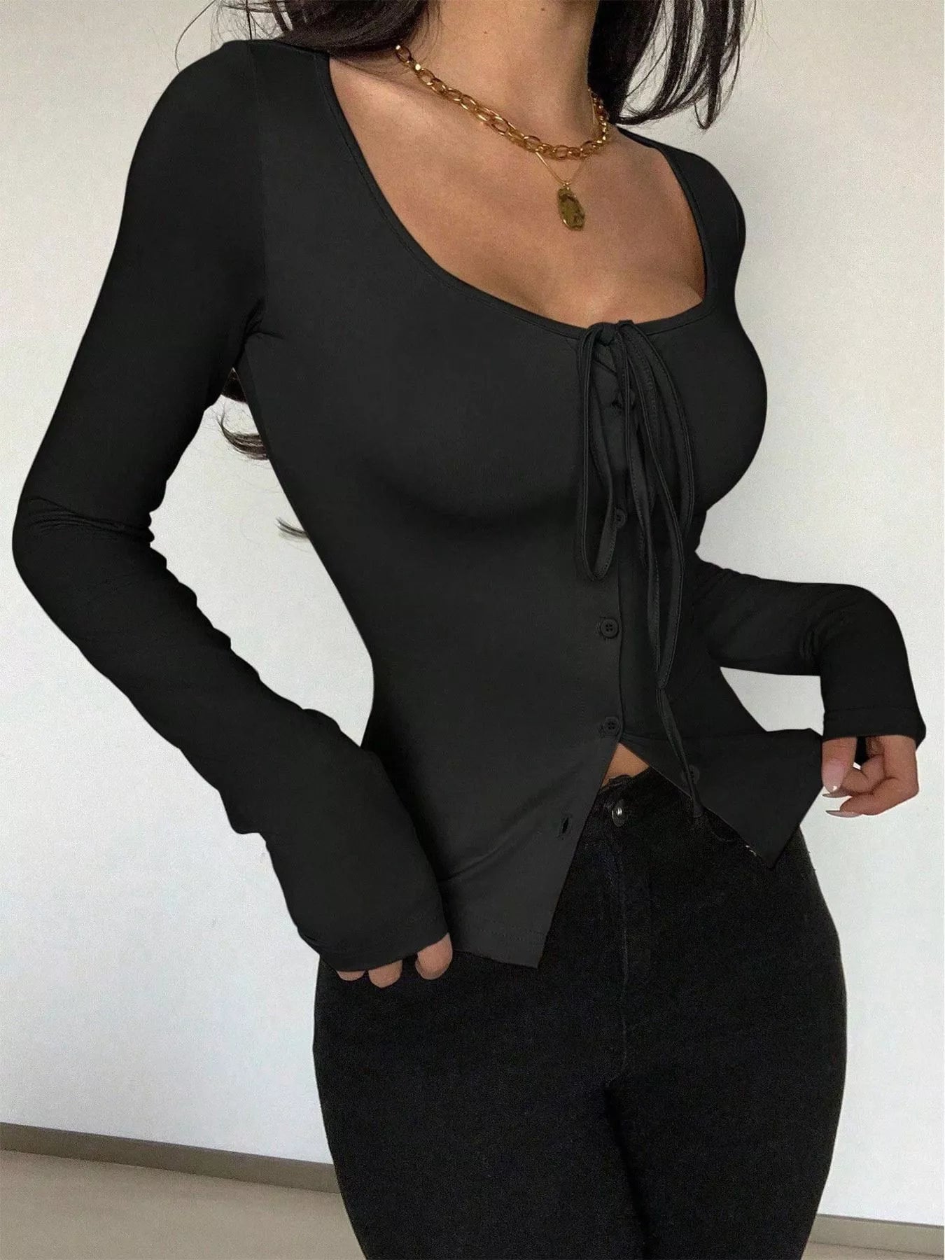 Long Sleeve Scoop Neck Tie Front T-Shirt OutfitFlow