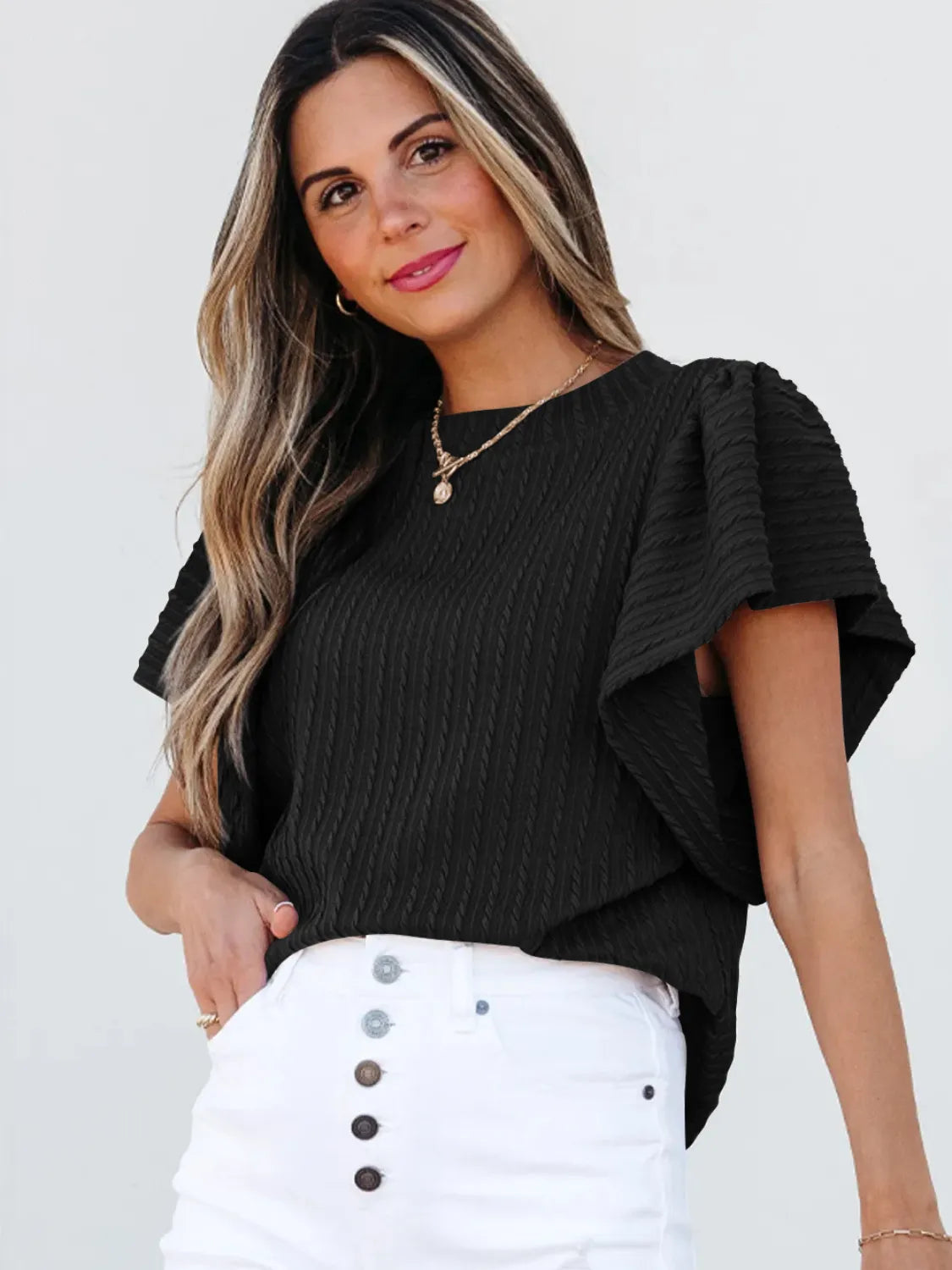 Round Neck Ruffle Sleeve Top OutfitFlow