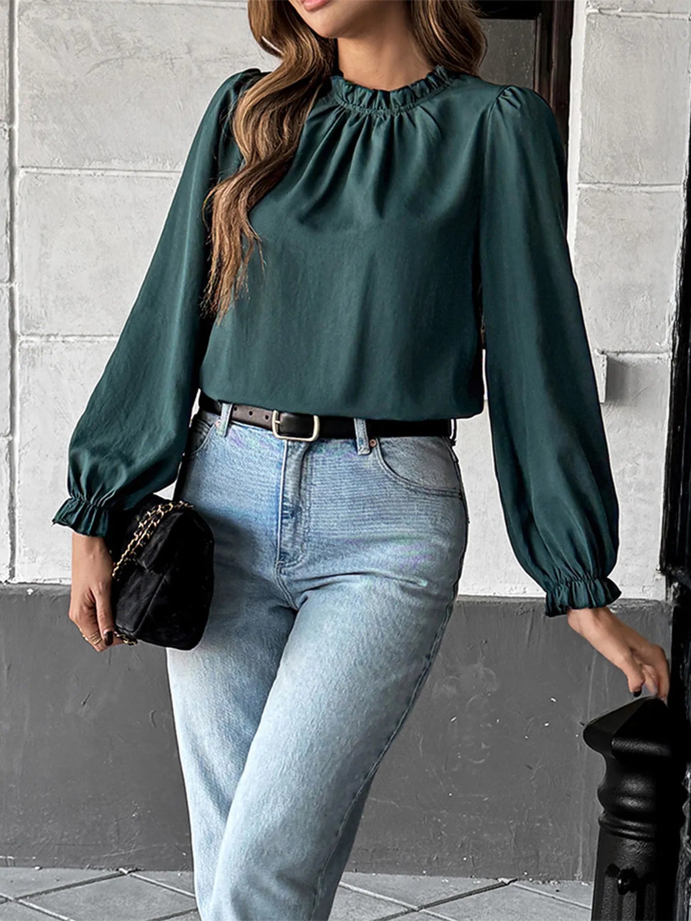 Ruched Round Neck Long Sleeve Blouse OutfitFlow