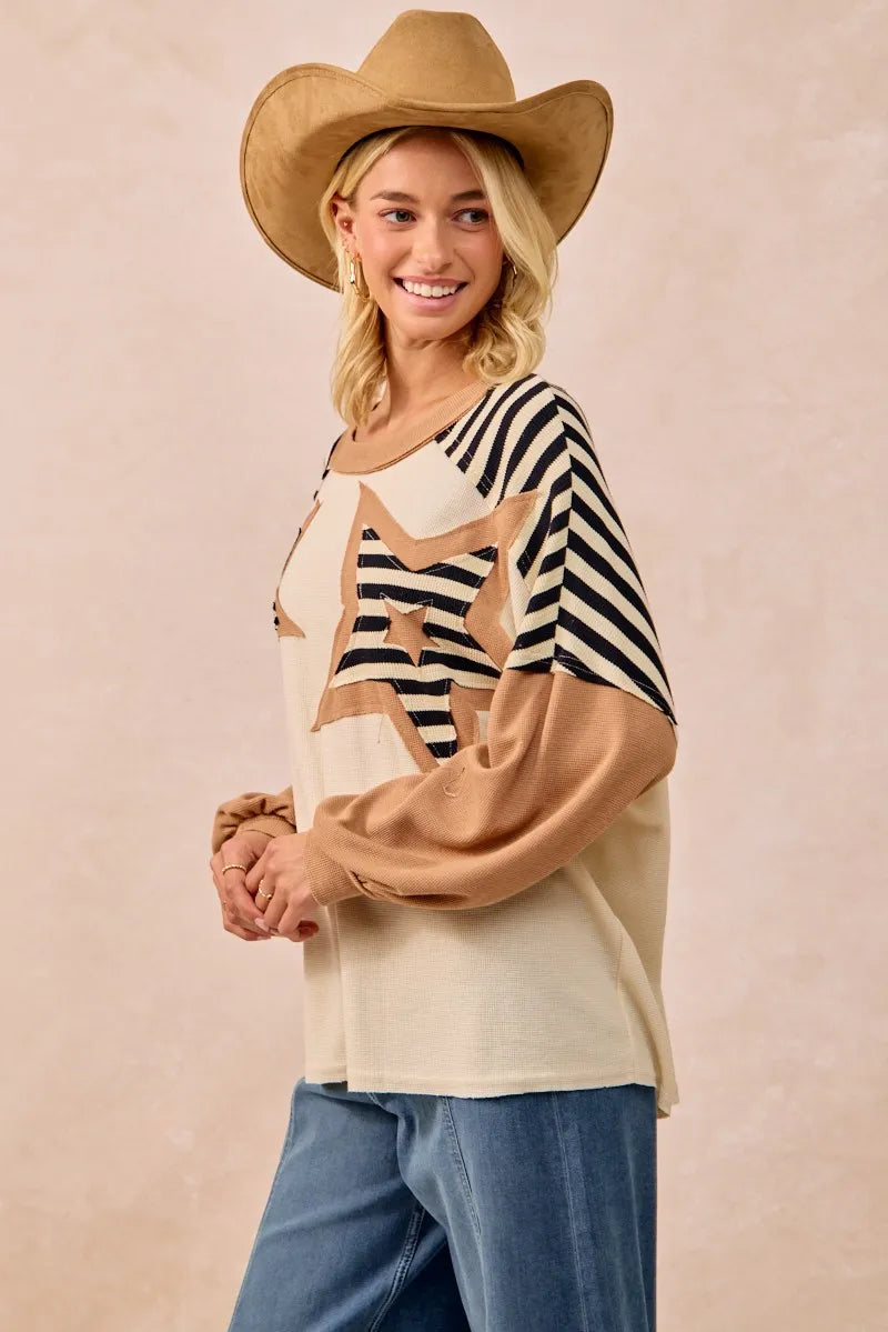 BiBi Star Patchwork Mixed Long Sleeve Top OutfitFlow