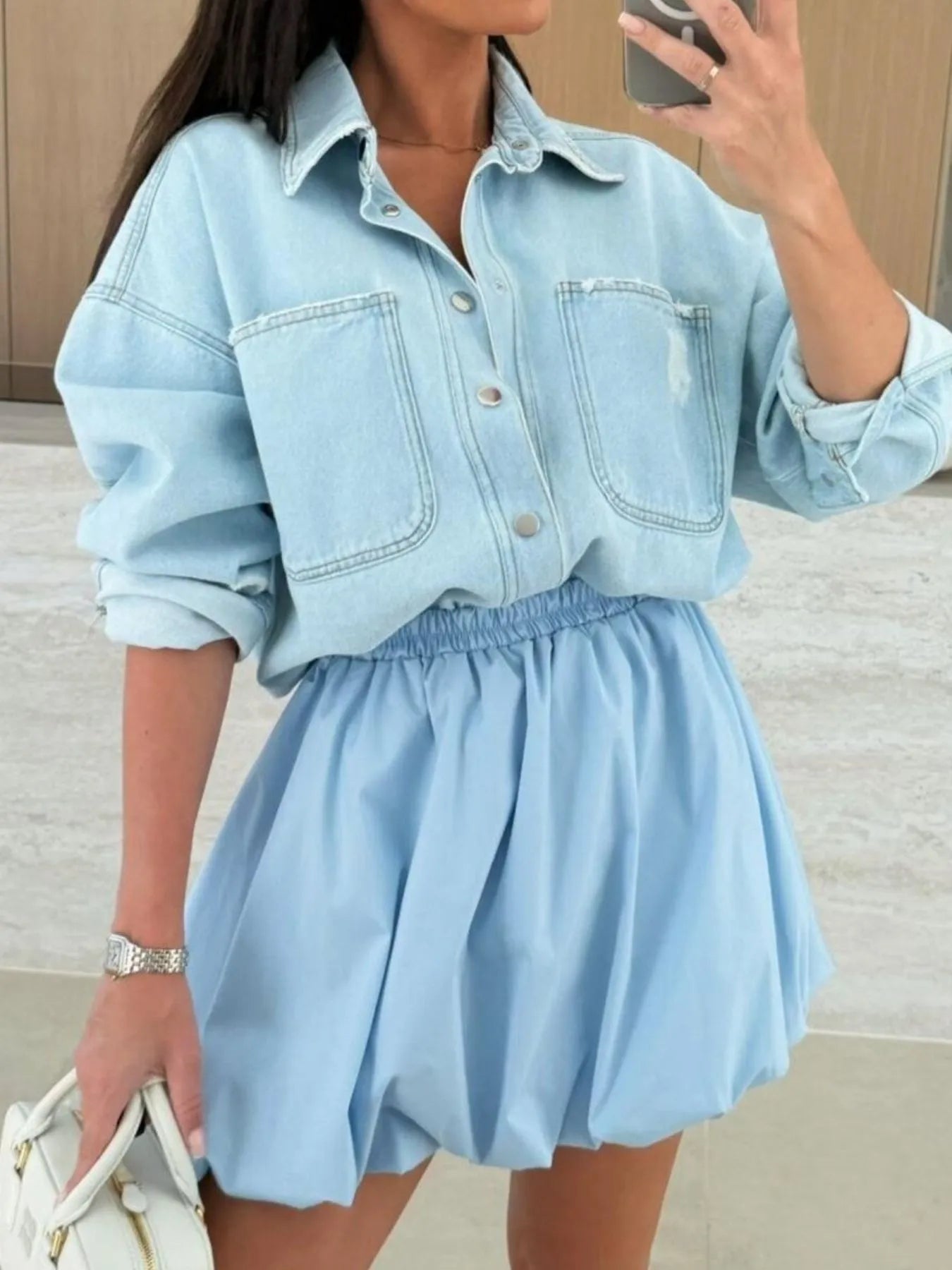 Elastic Waist Bubble Skirt Light Blue OutfitFlow