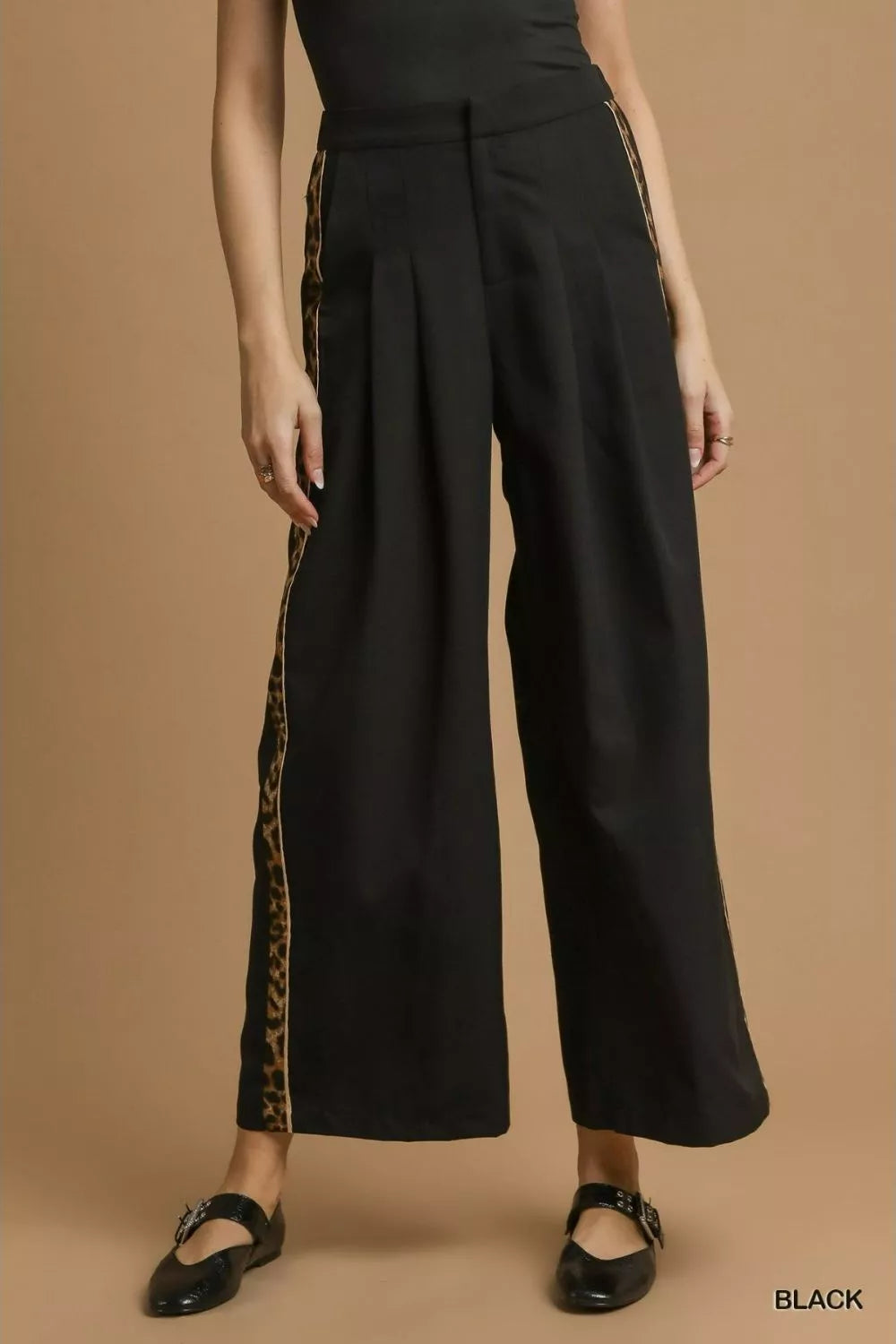Umgee Front Pleated Wide-Leg Pants with Contrast Trim Black OutfitFlow