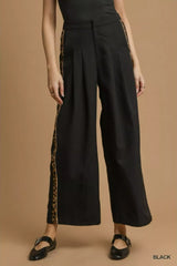 Umgee Front Pleated Wide-Leg Pants with Contrast Trim Black OutfitFlow