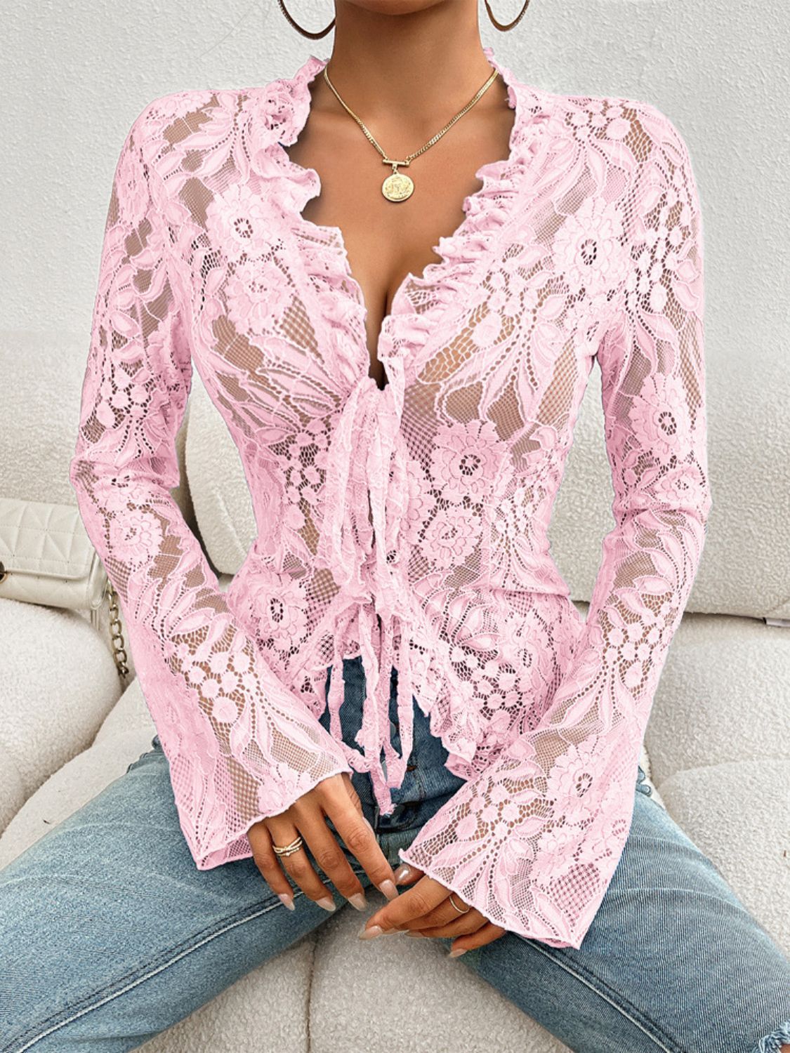 Outfit Flow - Tied V-Neck Long Sleeve Lace Top