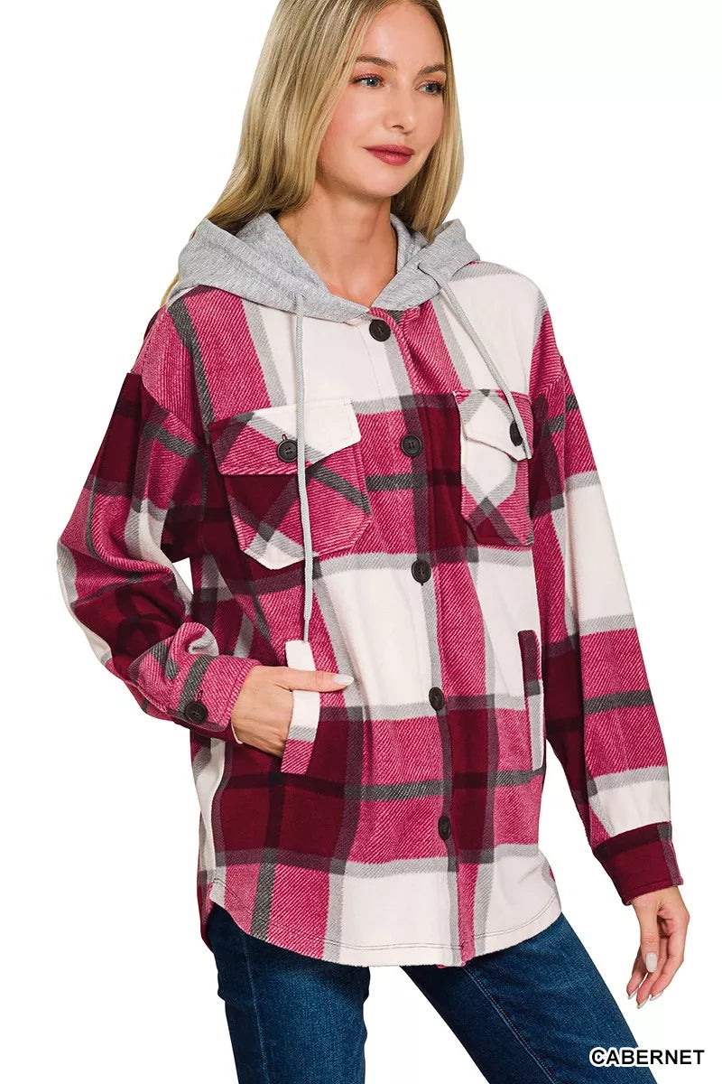 Zenana Plaid Drawstring Hooded Fleece Shacket Trendsi