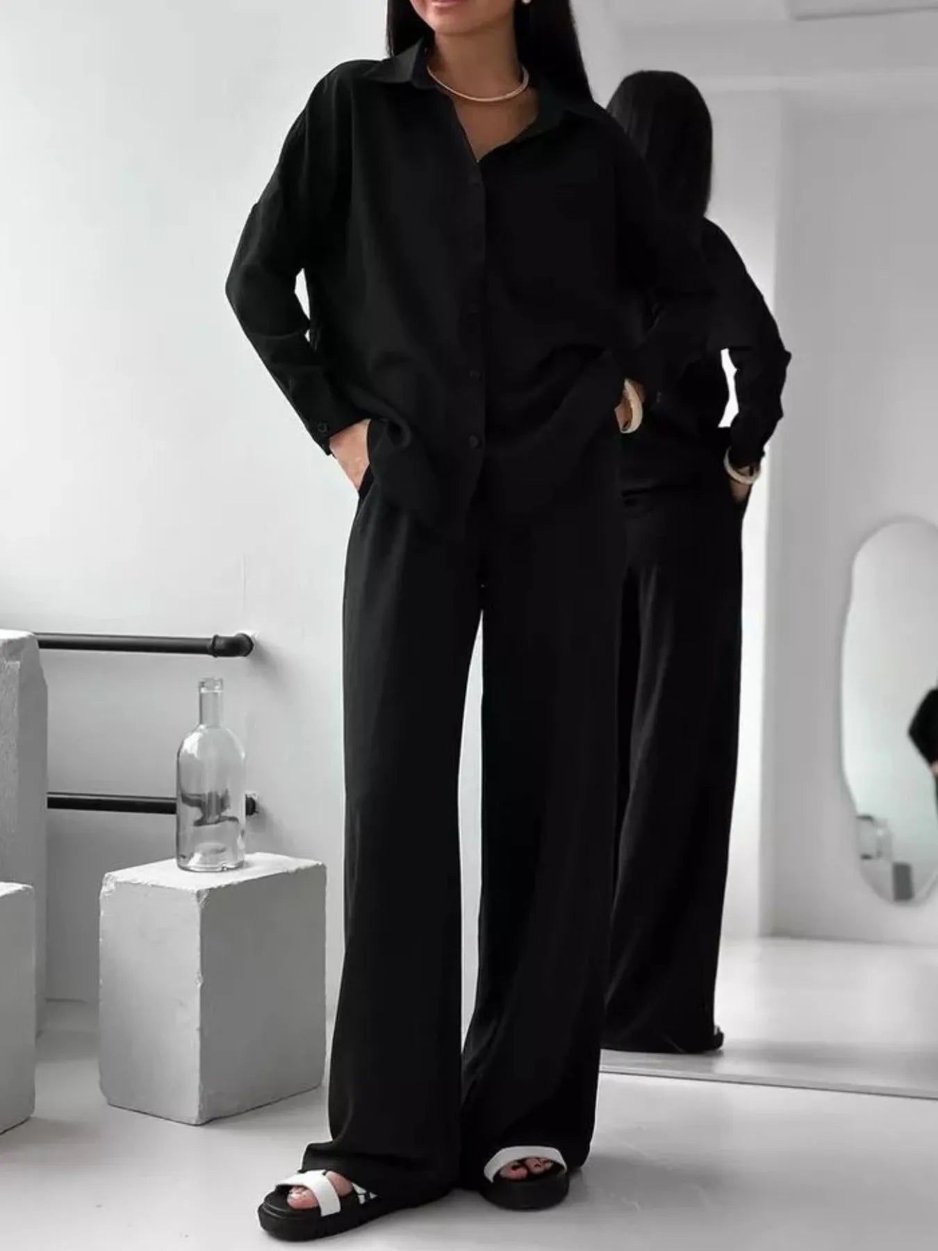 Button Up Long Sleeve Shirt and Pants Set Black OutfitFlow