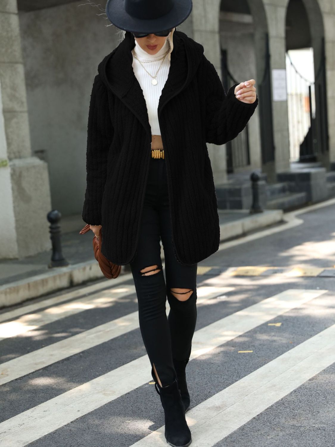 Open Front Ribbed Hooded Coat Trendsi