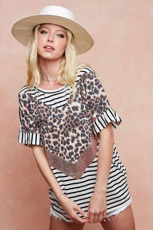 BiBi Stripe Rayon Span Knit Color Block Top With Leopard OutfitFlow