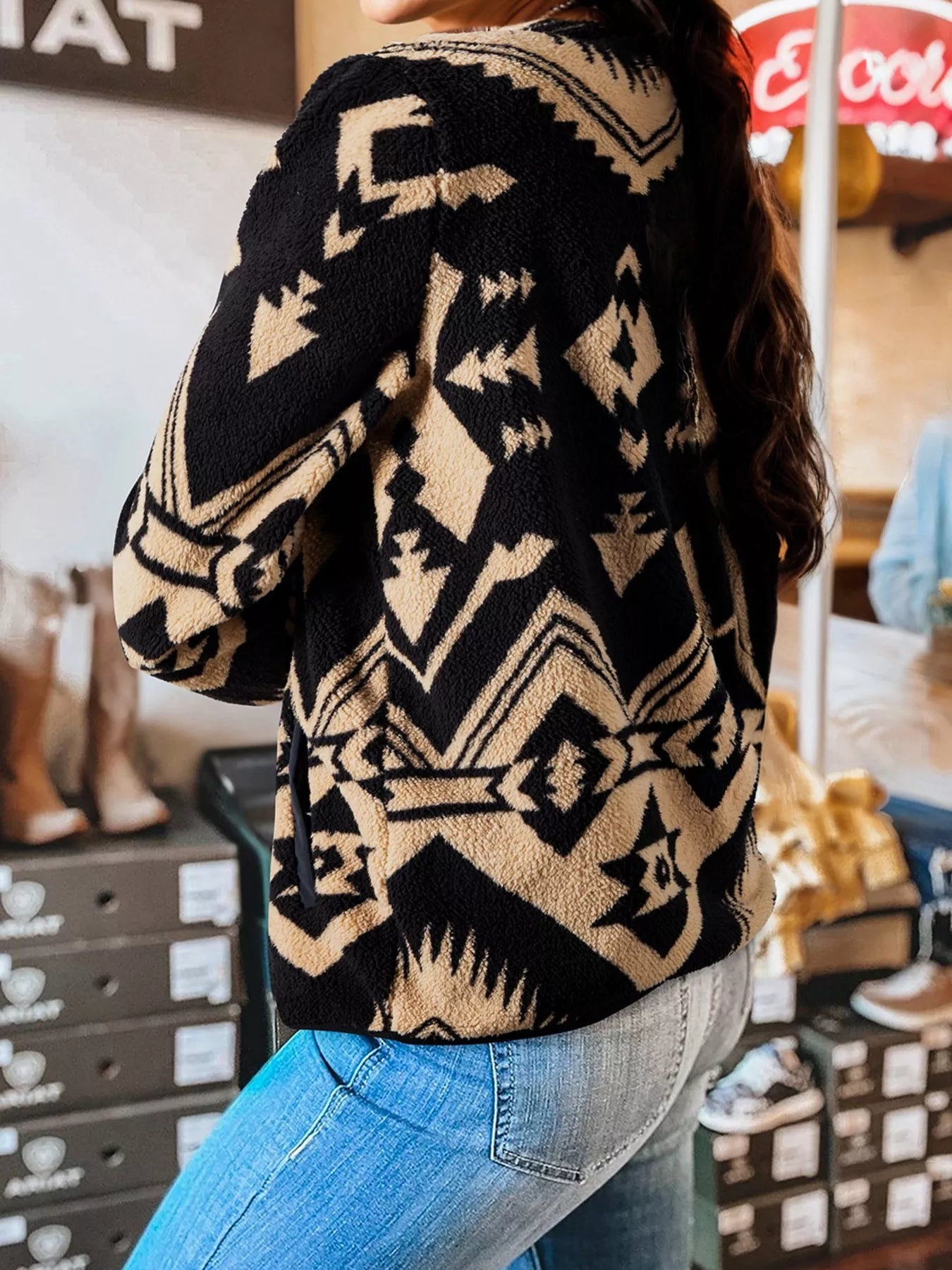 Western Aztec Half Zip Plush Sweatshirt OutfitFlow