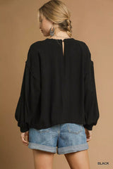 Umgee Full Size Linen Long Sleeve Top with Drawstring Plus Size Trendsi