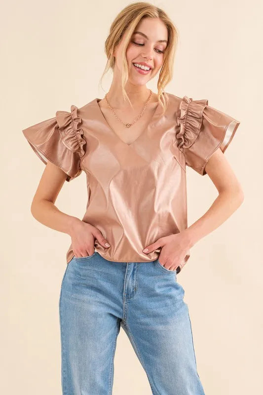 And The Why Faux Leather Ruffle Sleeves V Neck Top OutfitFlow
