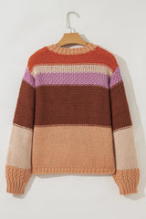 Colorblock Striped Round Neck Sweater OutfitFlow