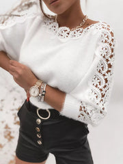 Lace Trim Long Sleeve Sweater White OutfitFlow
