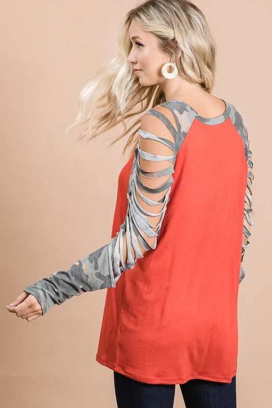 BiBi Jersey Knit Top with Camouflage Laser Cut Sleeves OutfitFlow