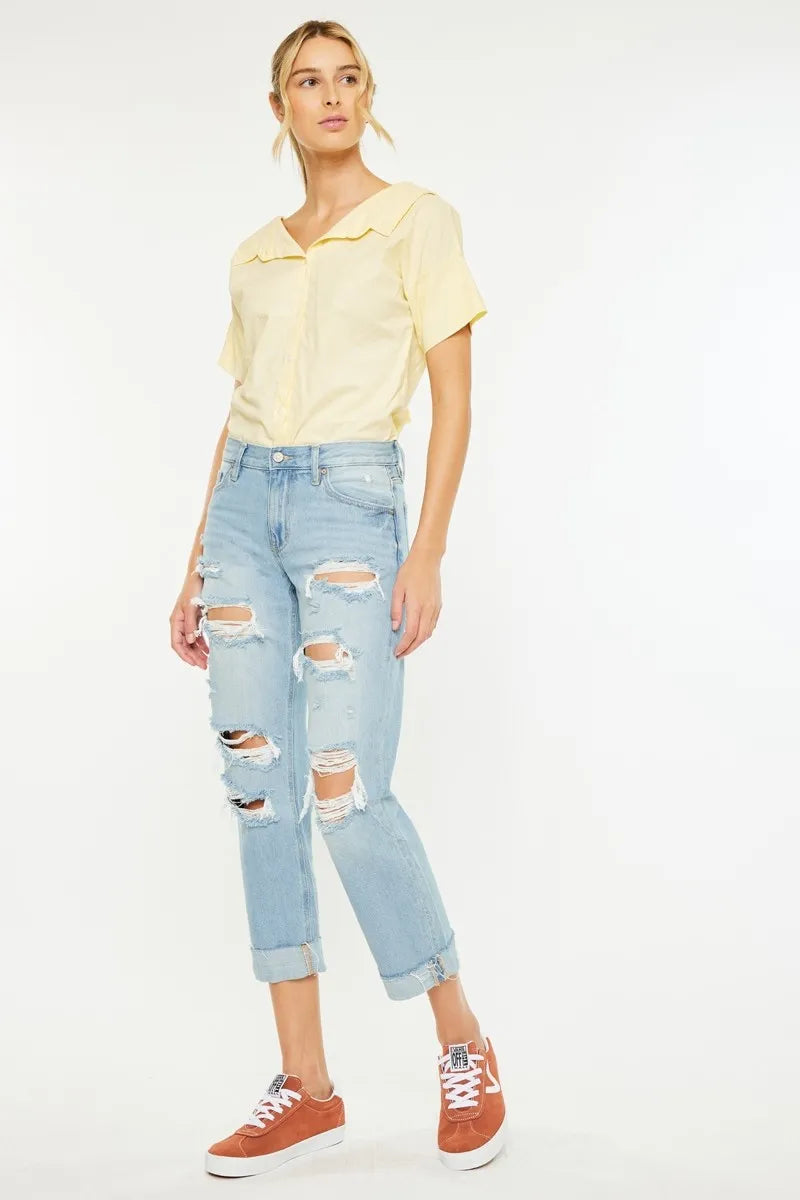 Kancan Mid Rise Distressed Boyfriend Jeans OutfitFlow