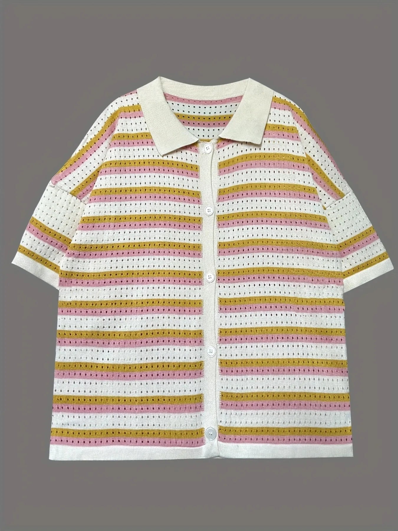 Colorful Striped Button Up Top and Shorts Sweater Set OutfitFlow